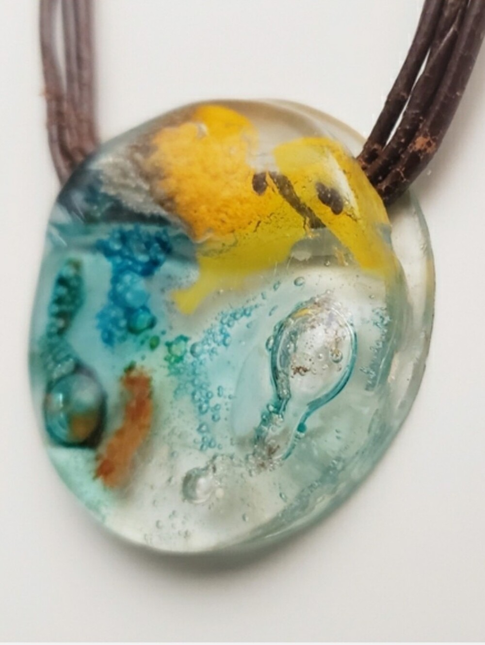 Unique Round Blown Glass Pendant on Brown Leather Cord
